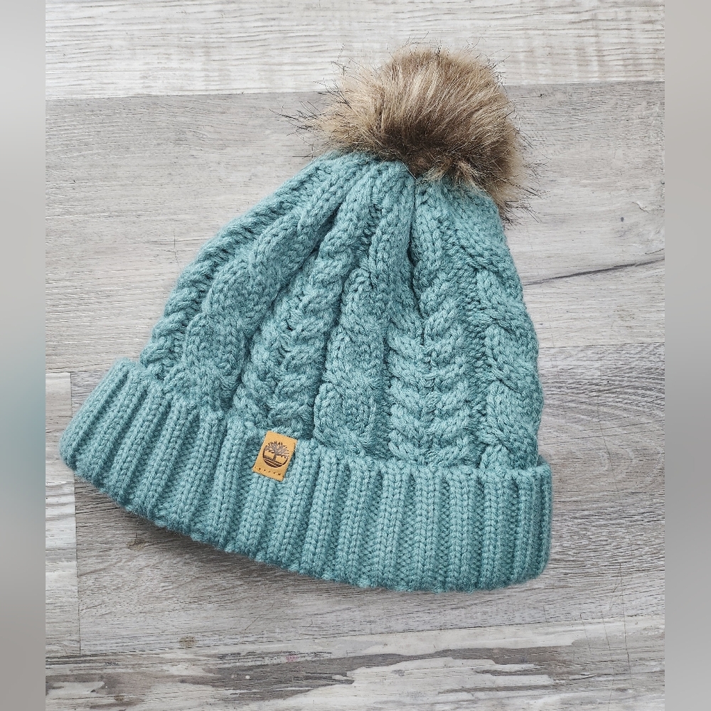 Light Blue Lined Cable Knit Beanie with Brown Faux Fur Pom Pom
